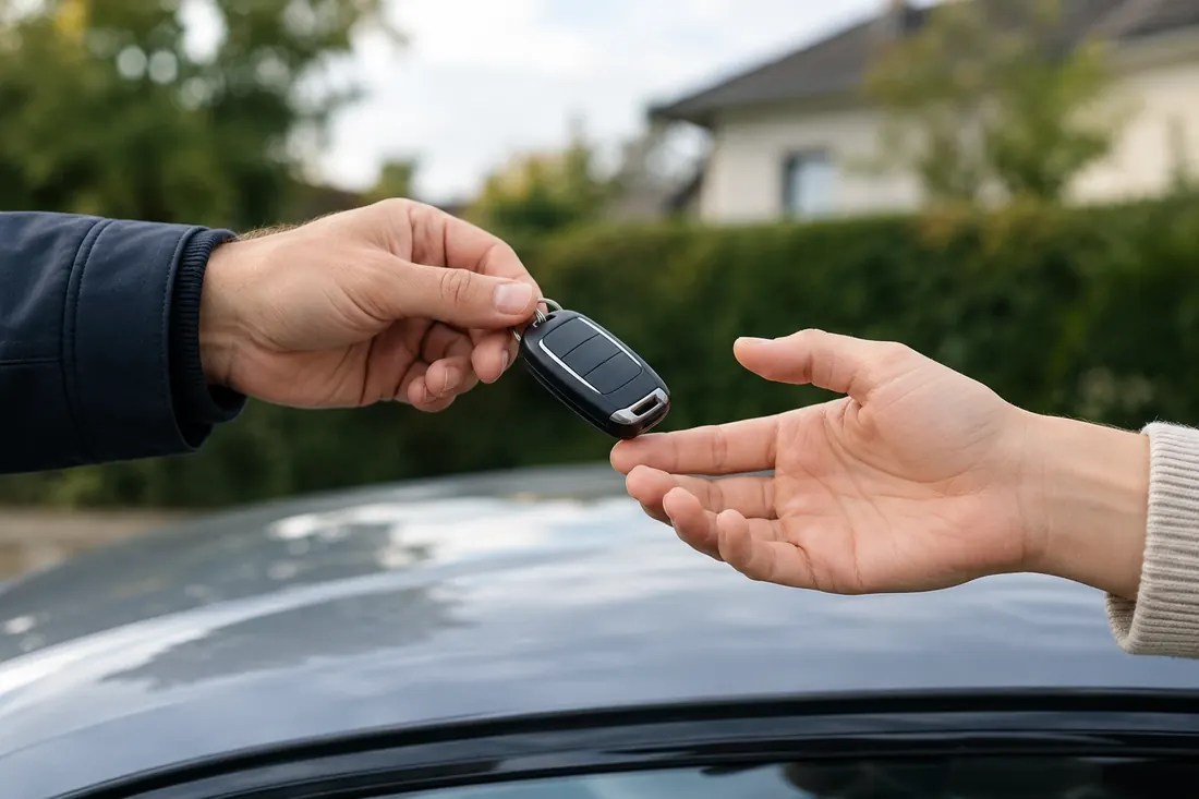 Ein Autoschlüssel wird über dem Autodach übergeben